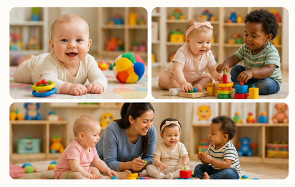 Babies and caregivers playing together at Nestling Care Hub